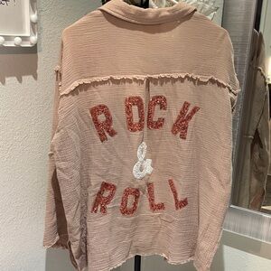 Fantastic Fawn Tan Button Down Shirt with Rock & Roll Design